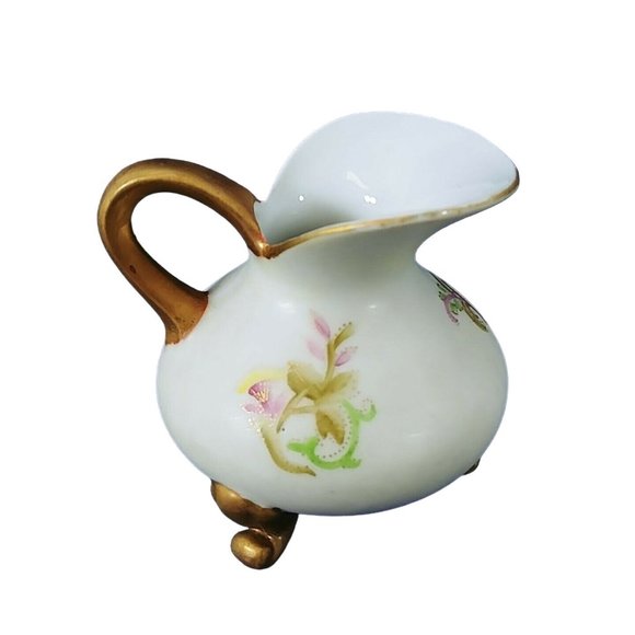 Creamer Pitcher Footed Hand Painted Gold Trim Floral Collectible Vintage 3.25"H - Picture 3 of 8